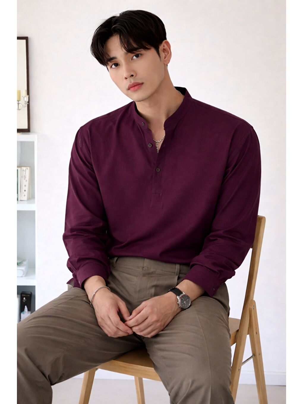 Bordo Keten Karışımlı 3 Düğmeli Hakim Yaka Erkek Gömlek Slim Kesim Yazlık-1