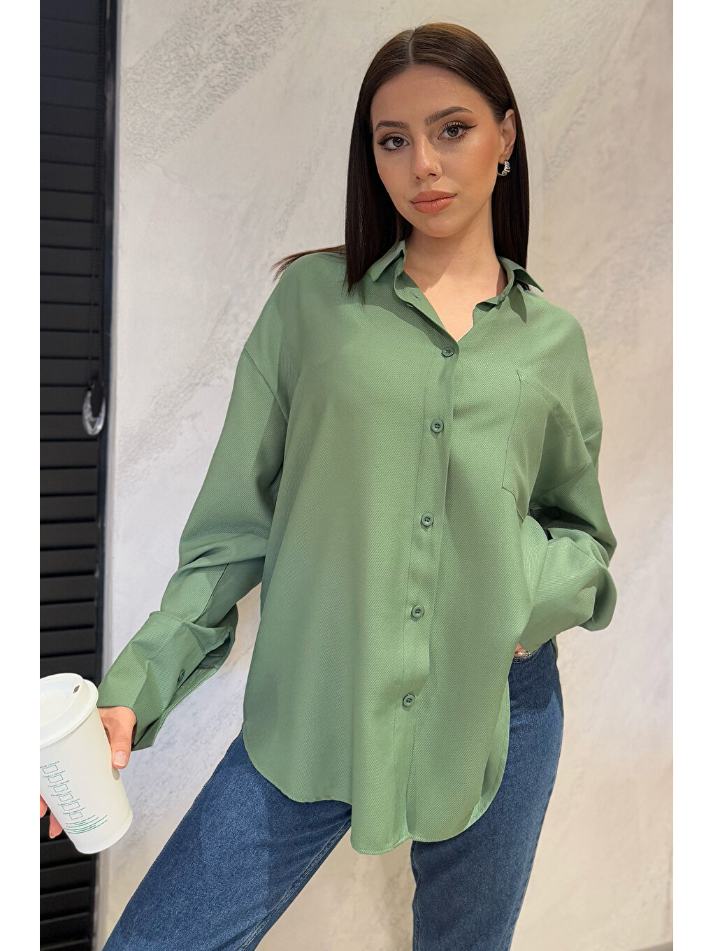 Yeşil Kadın Tek Cepli Salaş Gömlek-1