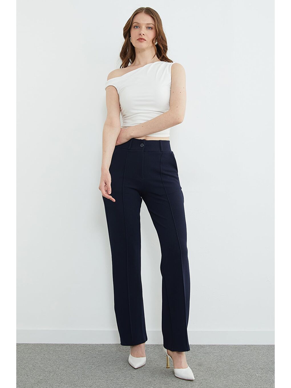 Lacivert Çimalı Yüksek Bel Palazzo Pantolon-2