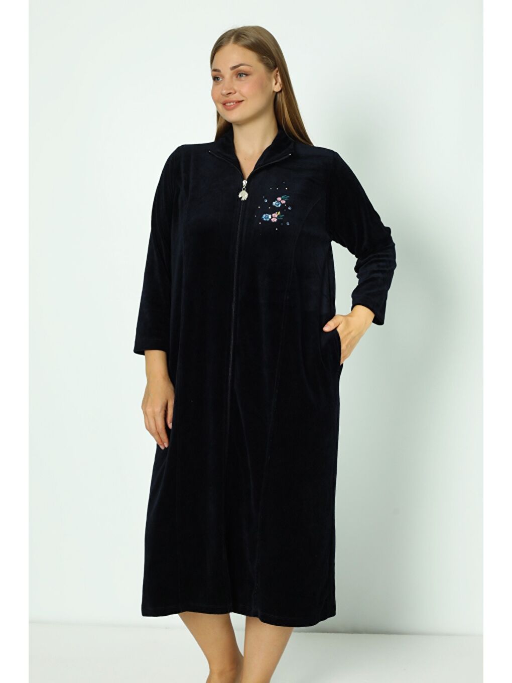 Lacivert Boydan Fermuarlı Pamuklu Kadife Truvakar Kollu Kadife Elbise-1