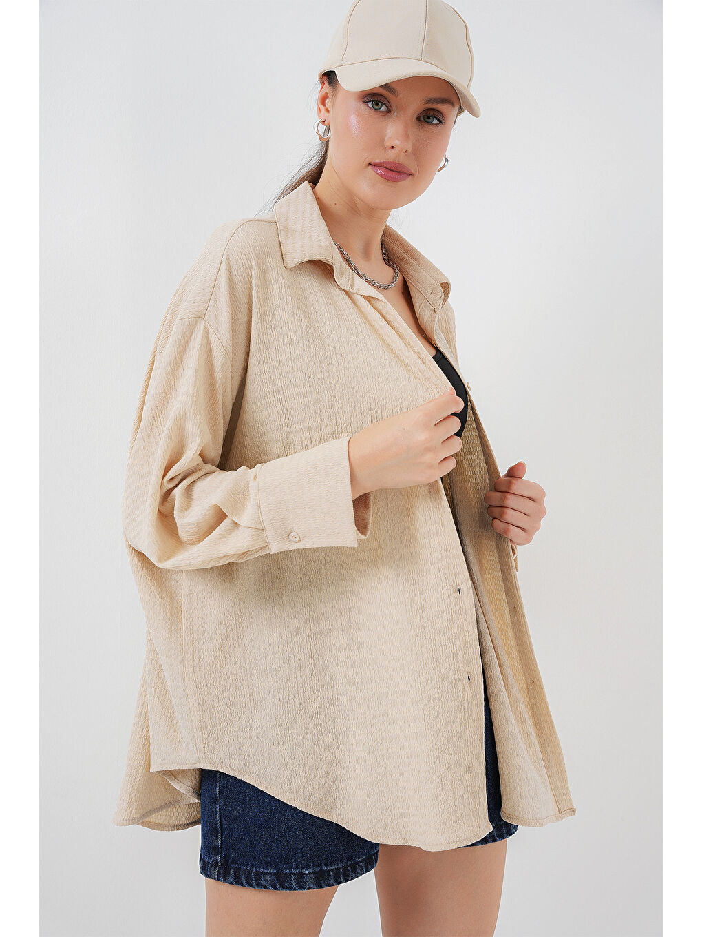 Kadın Örme Oversize Gömlek 20264 - Bej-1