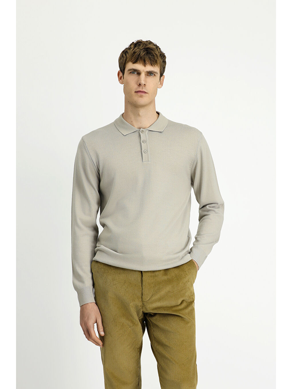 Bej Polo Yaka Düğmeli Regular Fit Sıcak Tutan Yünlü Triko Kazak-3