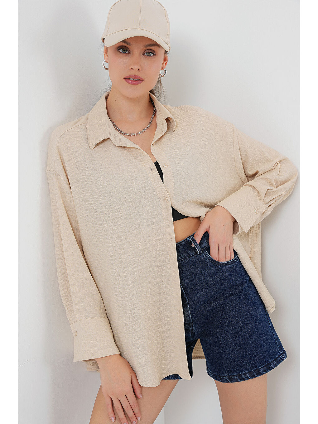 Kadın Örme Oversize Gömlek 20264 - Bej-2