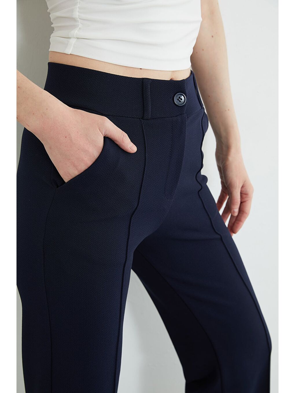 Lacivert Çimalı Yüksek Bel Palazzo Pantolon-4