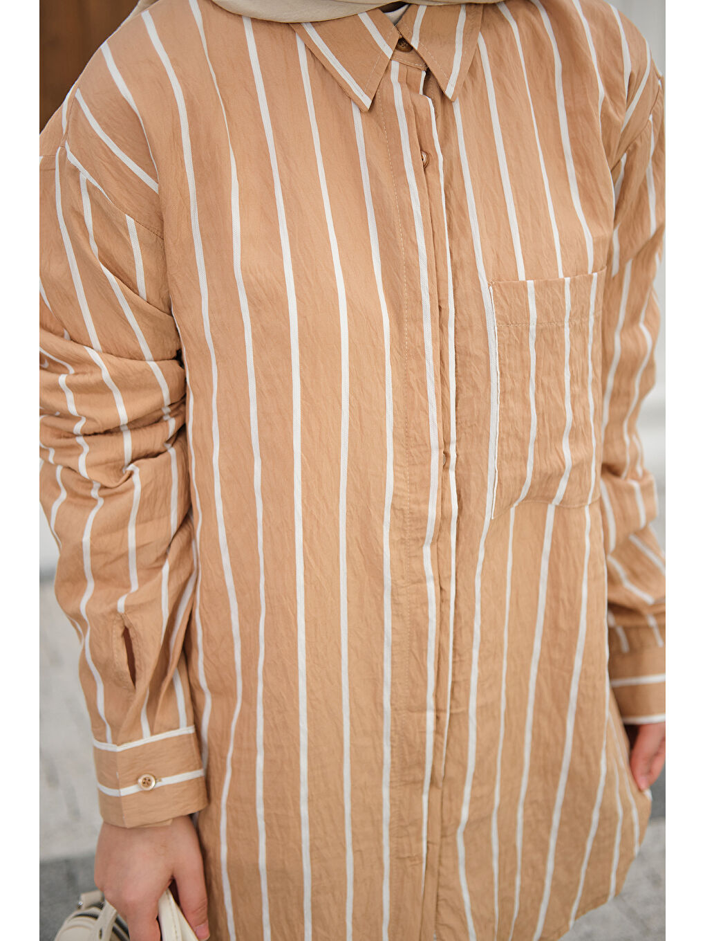 Bej Kadın Kalın Çizgili Detay Gömlek Vizon-4