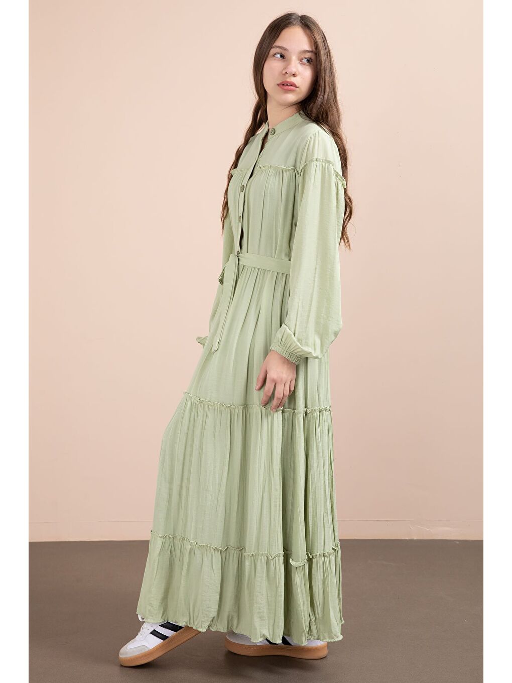 Yeşil Kolları Büzgülü Kuşaklı Kız Çocuk Uzun Elbise 23400-3