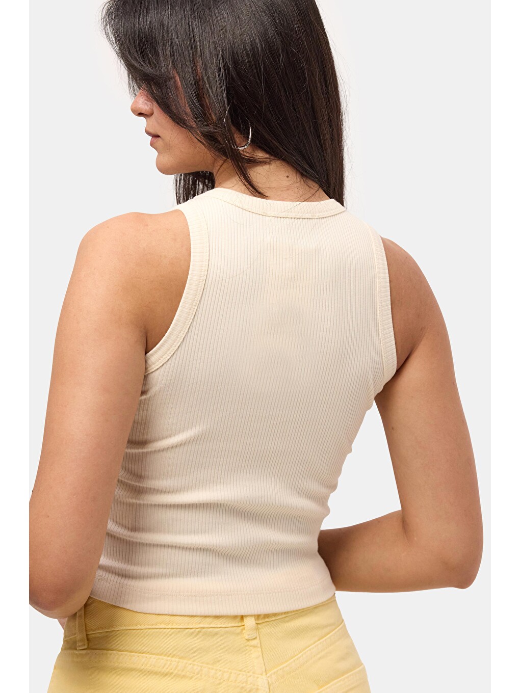 Bej Kadın Taş s6-57 Sıfır Kol Esnek Kumaş Crop Top-1