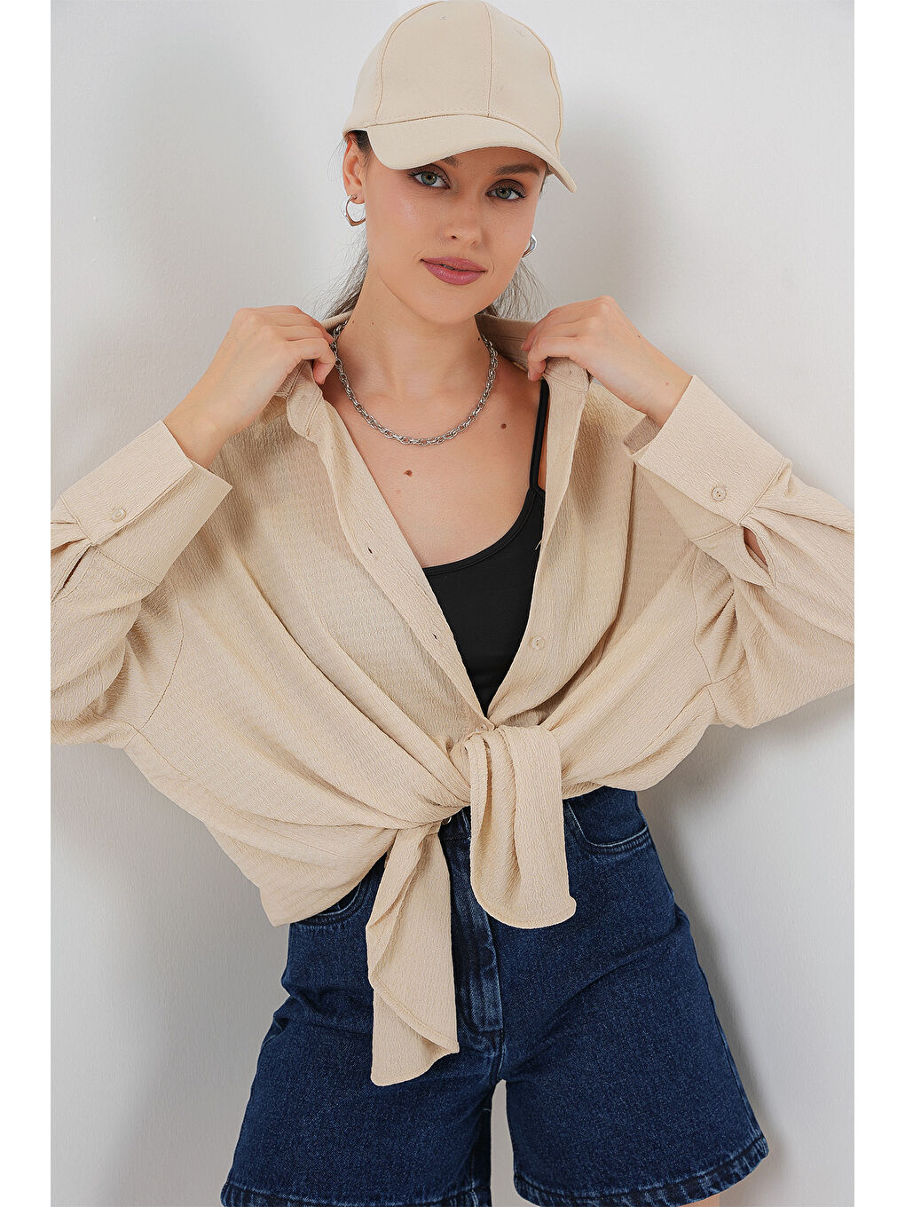 Kadın Örme Oversize Gömlek 20264 - Bej-3