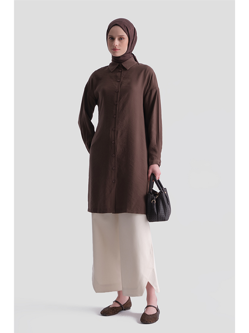 Arkası Nakışlı Tunik Elbise Kahverengi-1