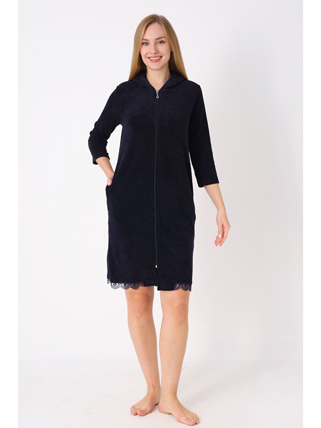 Lacivert Kapüşonlu Fermuarlı Cepli Taşlı Truvakar Kollu Pamuklu Havlu Elbise-2