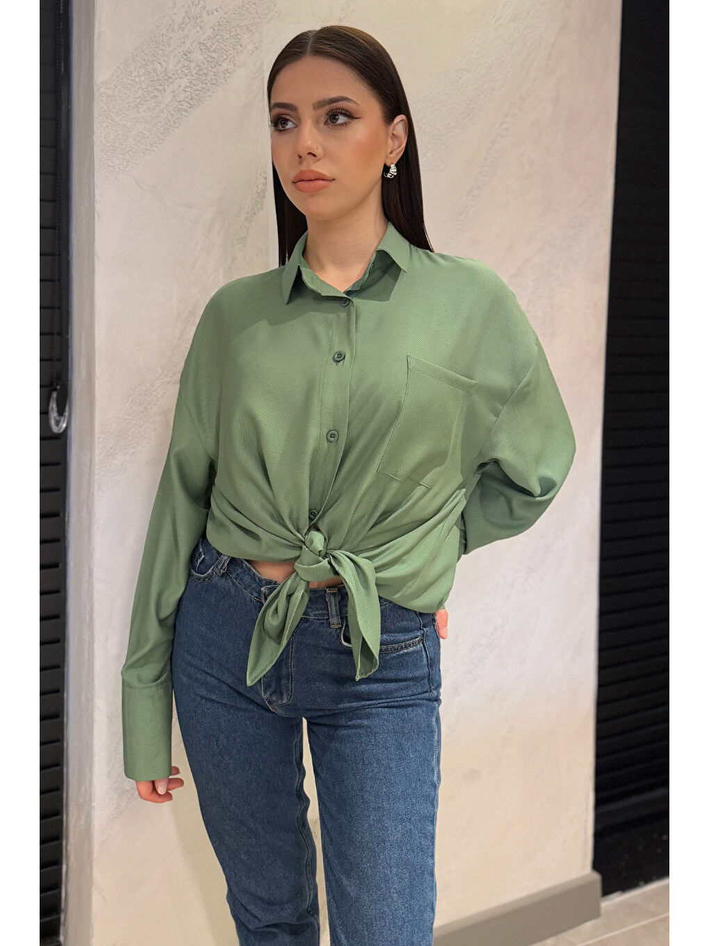 Yeşil Kadın Tek Cepli Salaş Gömlek-2