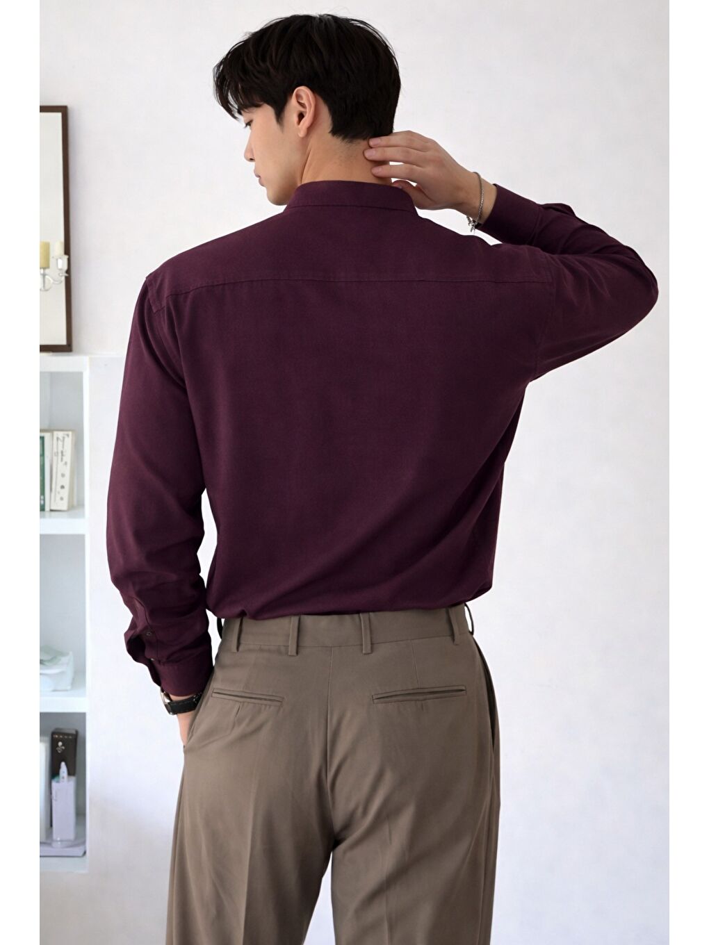 Bordo Keten Karışımlı 3 Düğmeli Hakim Yaka Erkek Gömlek Slim Kesim Yazlık-2