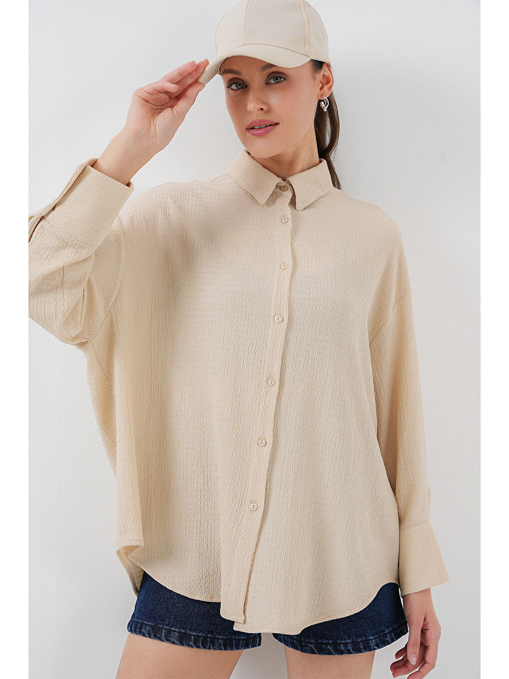 Kadın Örme Oversize Gömlek 20264 - Bej-5