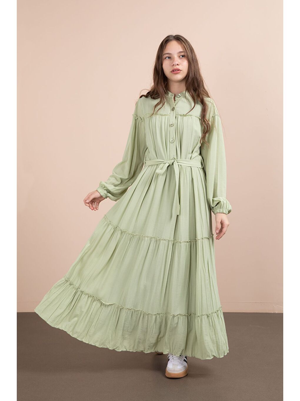 Yeşil Kolları Büzgülü Kuşaklı Kız Çocuk Uzun Elbise 23400-4