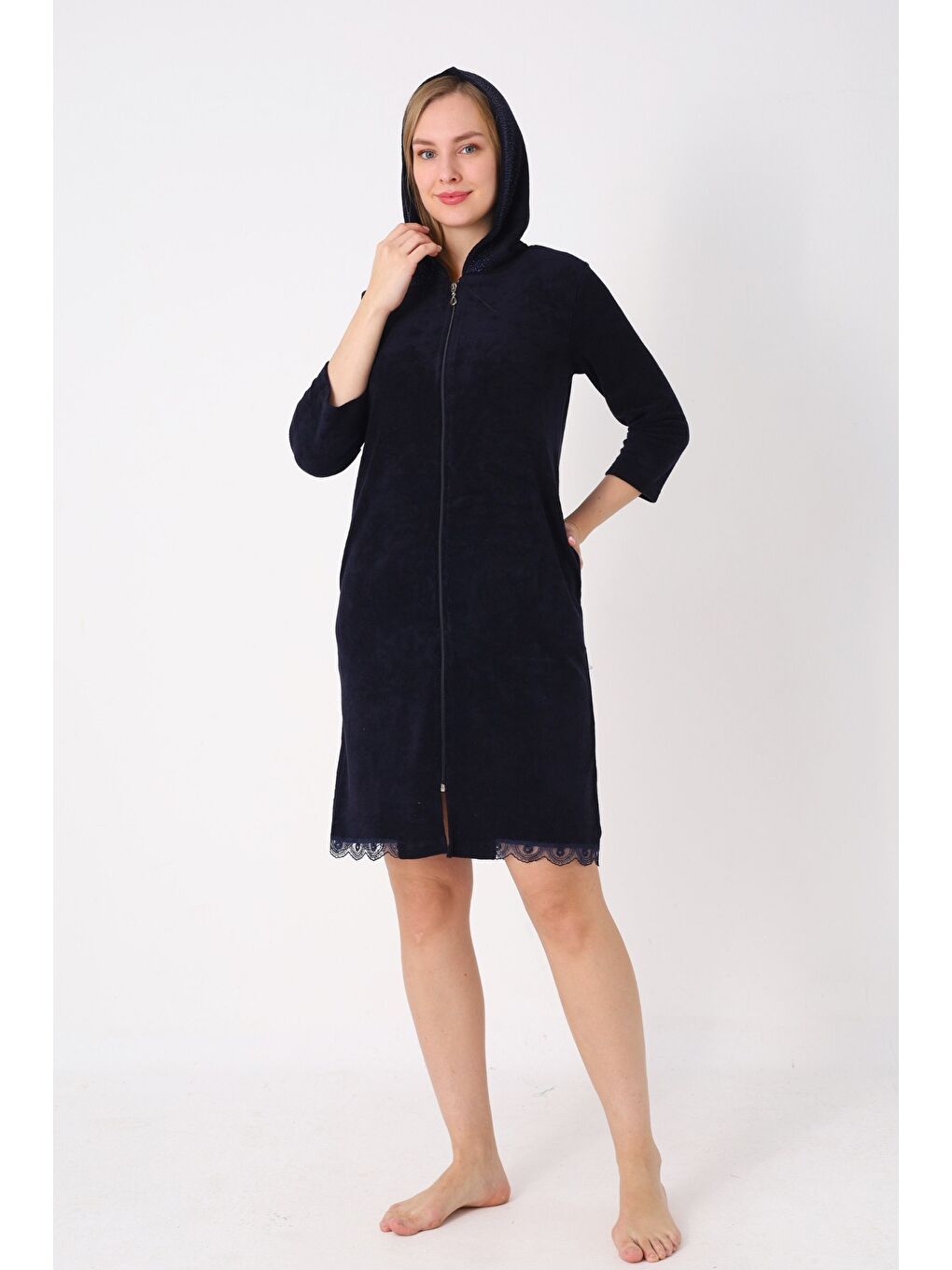 Lacivert Kapüşonlu Fermuarlı Cepli Taşlı Truvakar Kollu Pamuklu Havlu Elbise-3