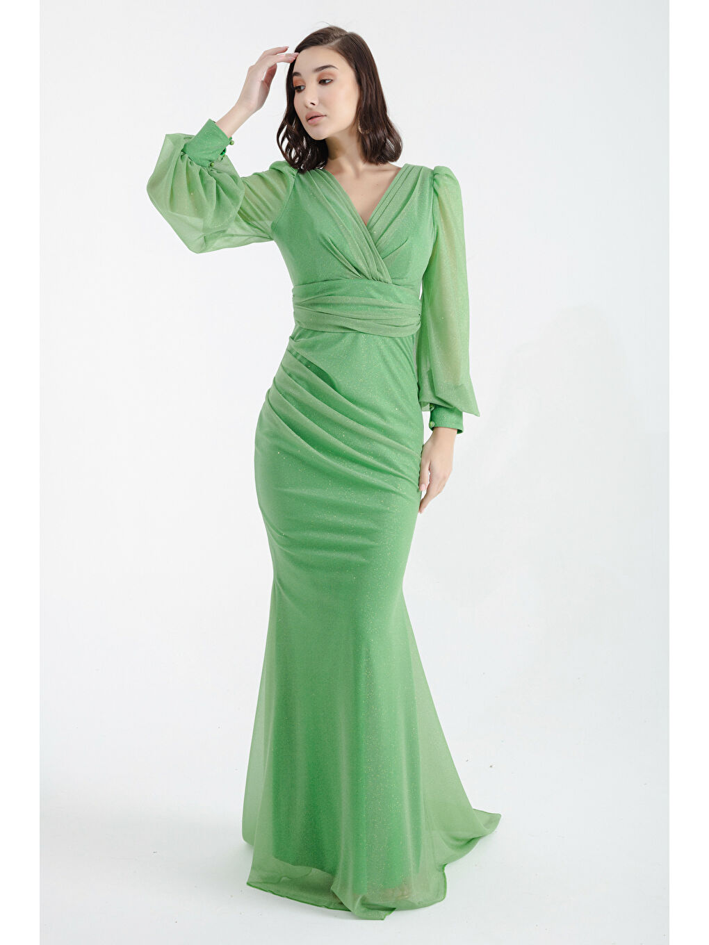 Kadın Yeşil Kruvaze Yaka Simli Uzun Abiye Elbise
