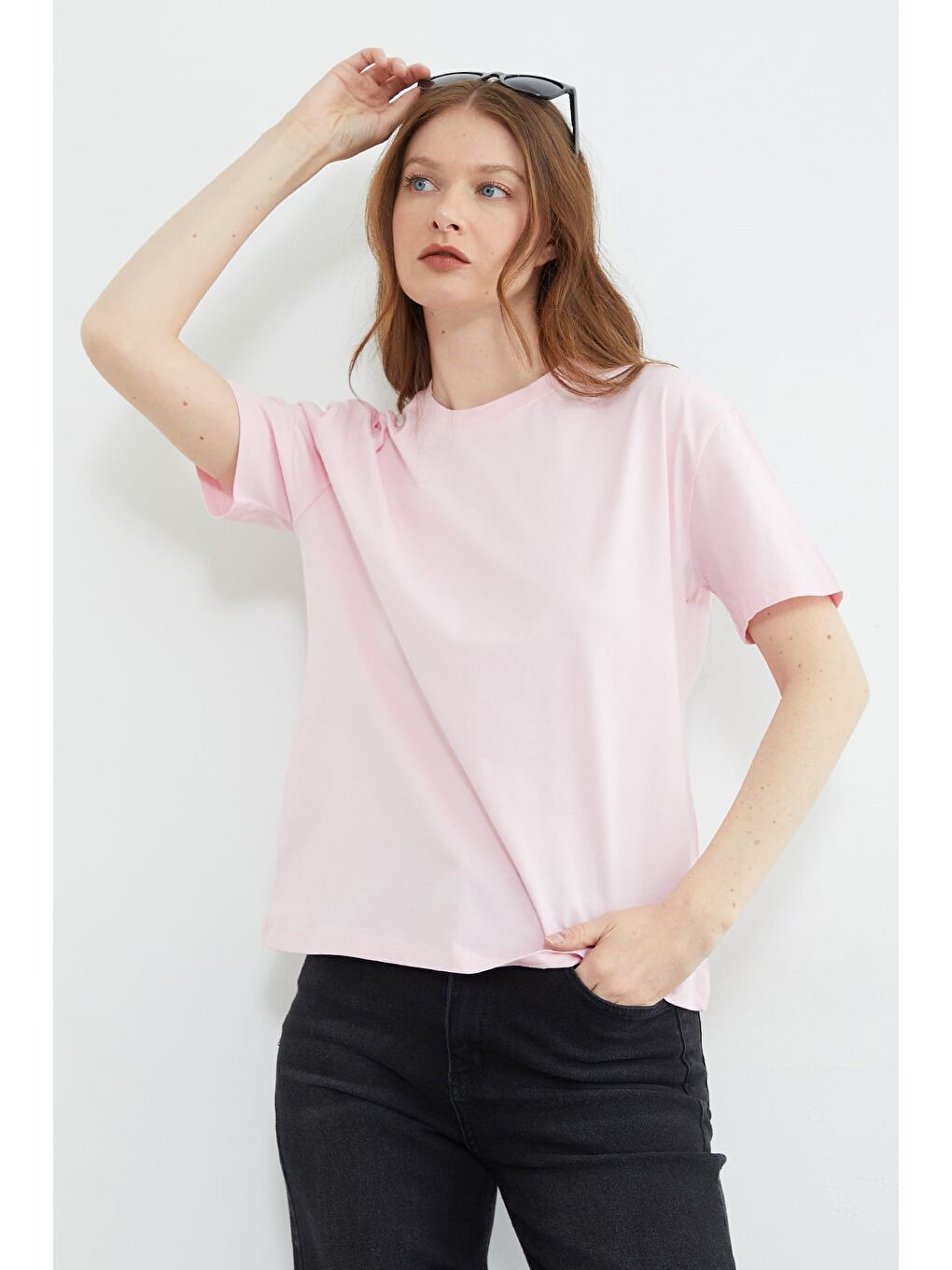 Pembe Basic Bisiklet Yaka Oversize Tişört-1