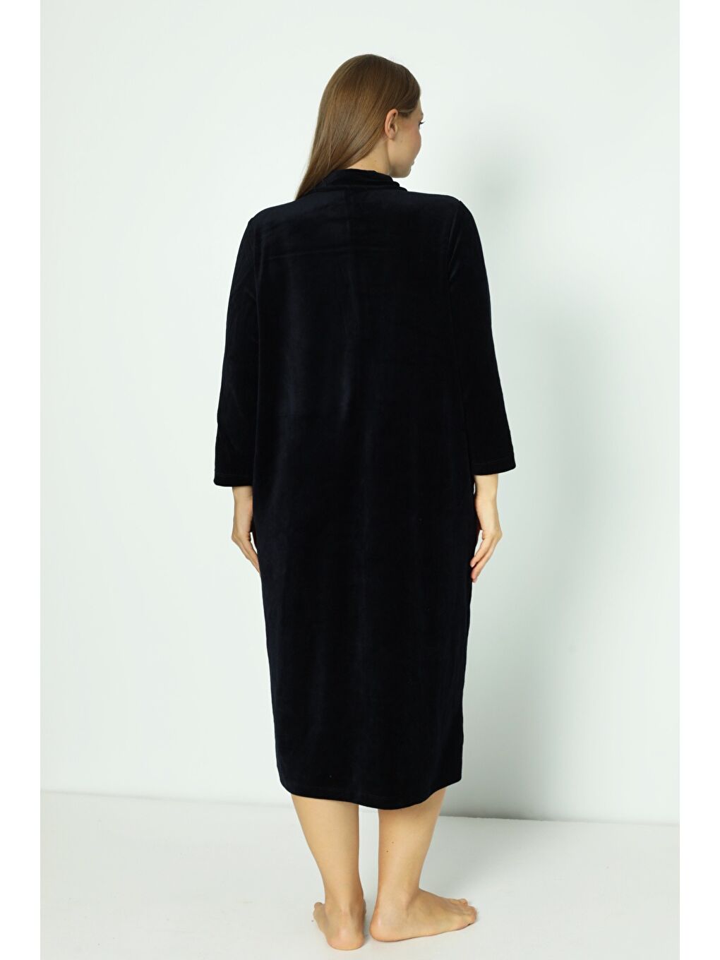 Lacivert Boydan Fermuarlı Pamuklu Kadife Truvakar Kollu Kadife Elbise-3