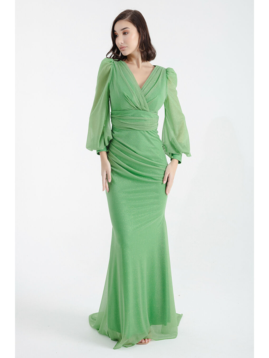 Kadın Yeşil Kruvaze Yaka Simli Uzun Abiye Elbise-1