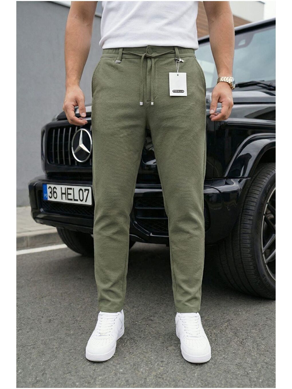 Yeşil Holl Beli Lastikli ve Bağcıklı Elastanlı Esnek Örme Jogger Pantolon-1
