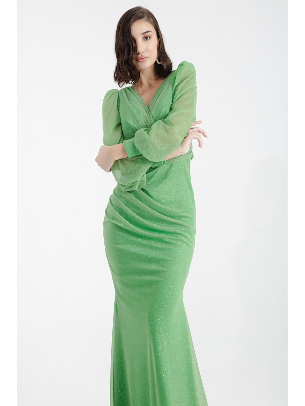 Kadın Yeşil Kruvaze Yaka Simli Uzun Abiye Elbise-2