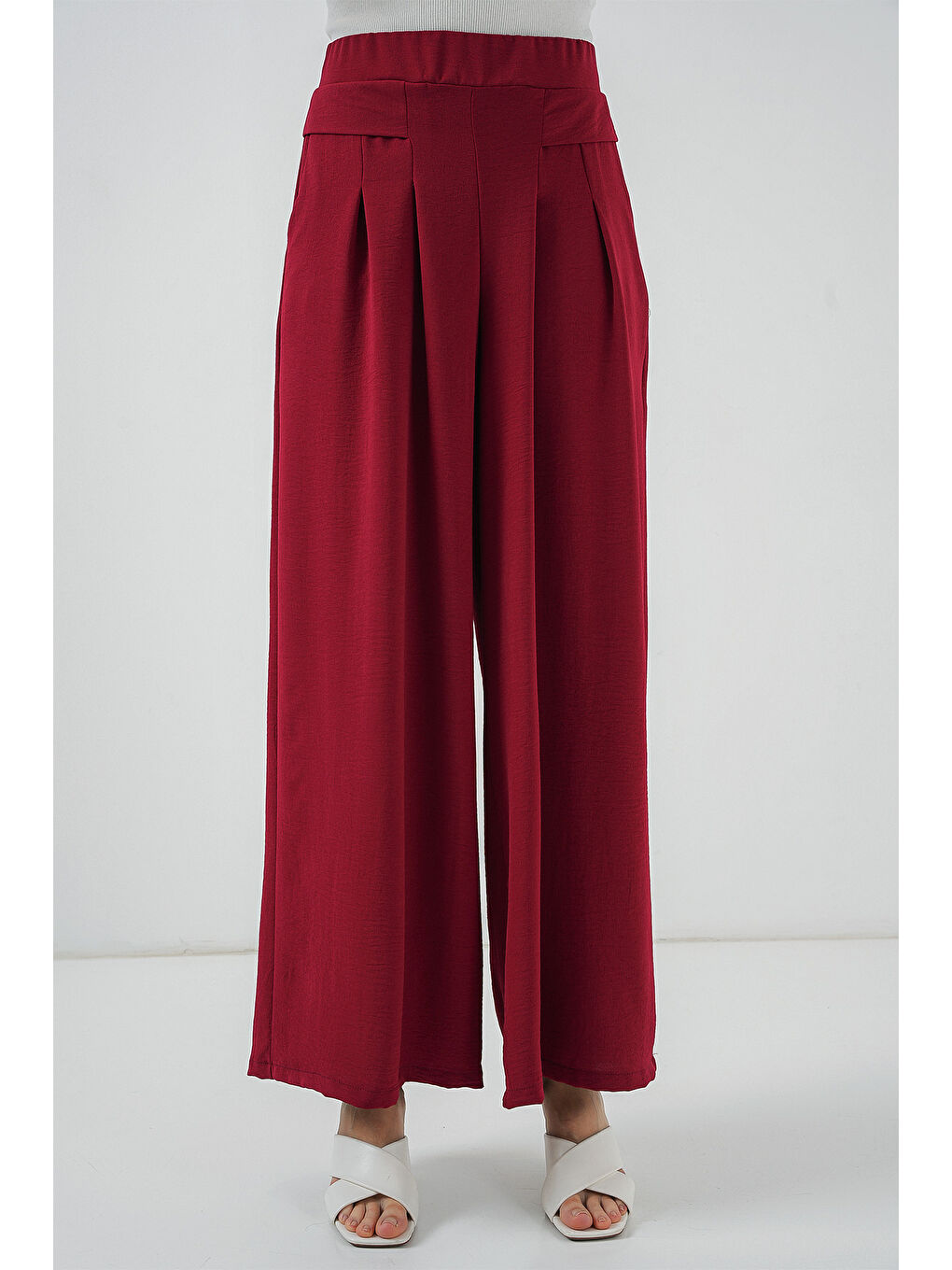 Kadın Geniş Paça Pileli Pantolon 6718 - Kırmızı-2