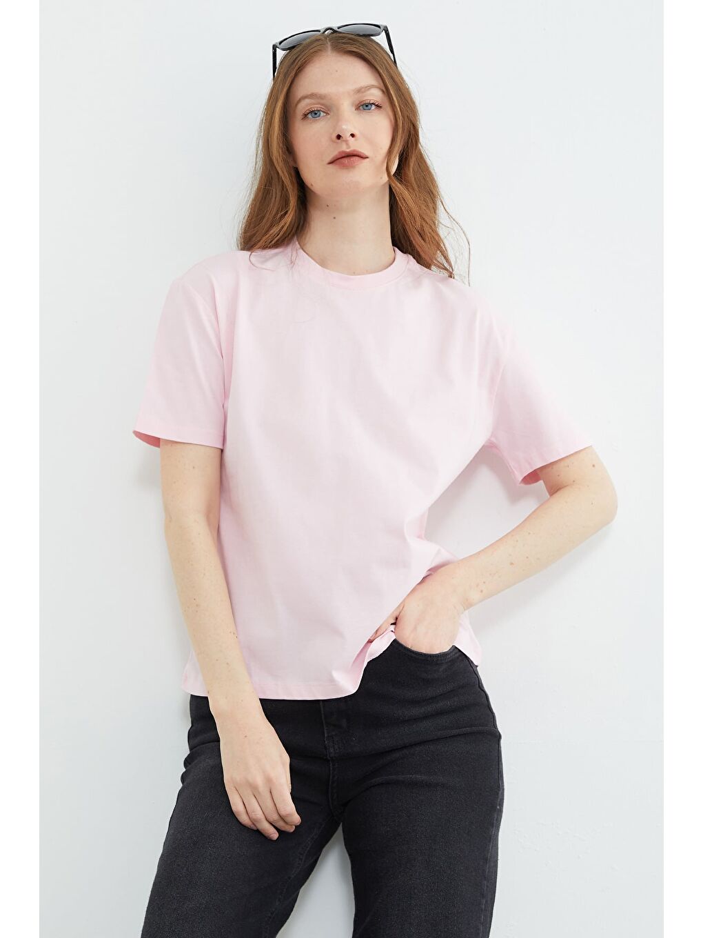 Pembe Basic Bisiklet Yaka Oversize Tişört-2