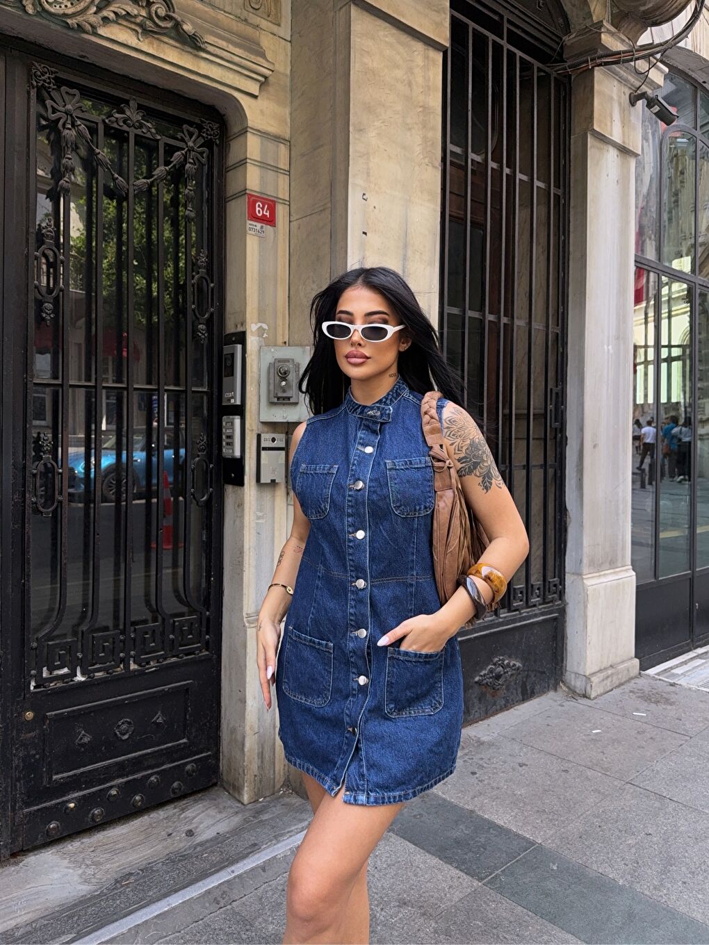 Lacivert Kolsuz Önü Düğmeli Jean Elbise-3