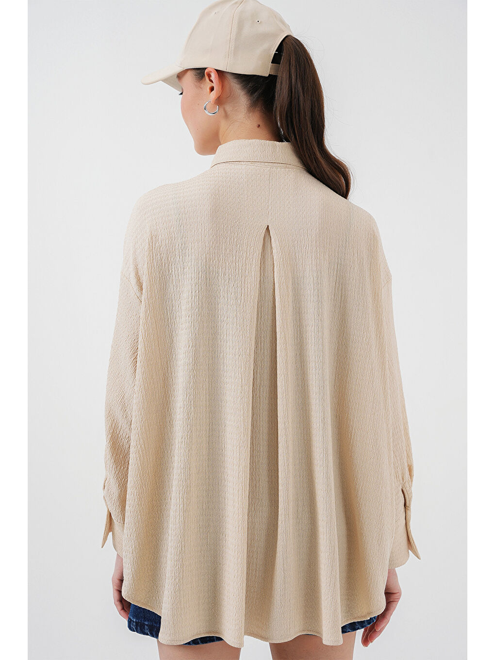 Kadın Örme Oversize Gömlek 20264 - Bej-7