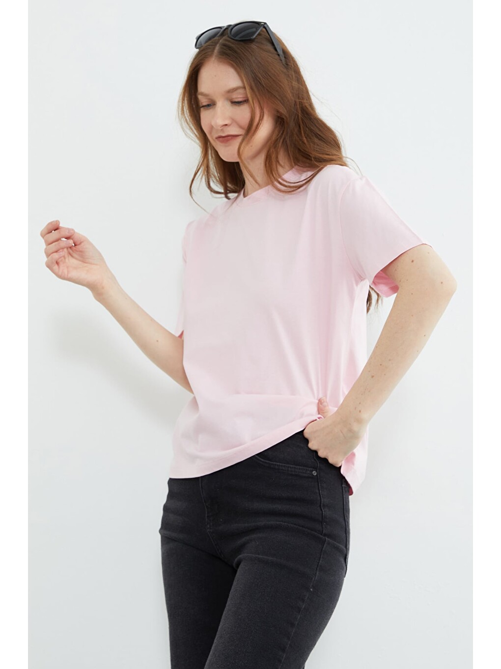 Pembe Basic Bisiklet Yaka Oversize Tişört-3