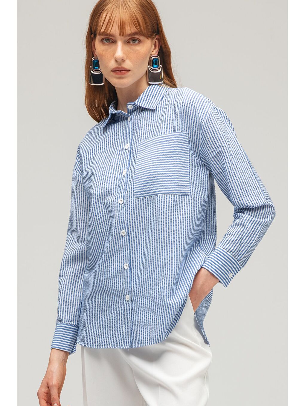 Mavi Kadın Çizgili Dokulu Regular Basic Gömlek - Tek Cepli