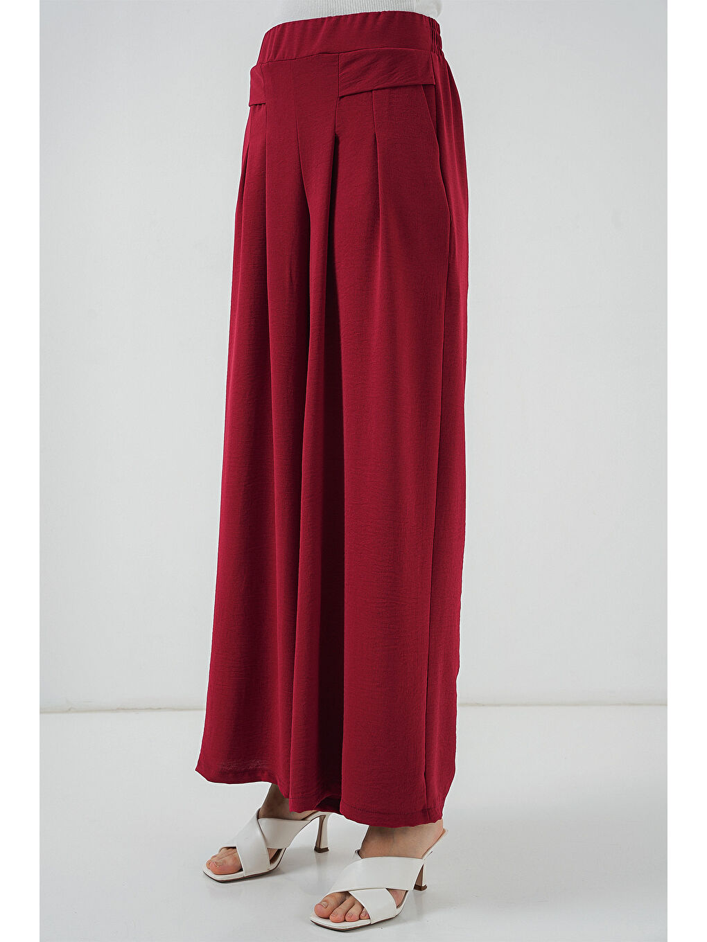 Kadın Geniş Paça Pileli Pantolon 6718 - Kırmızı-3