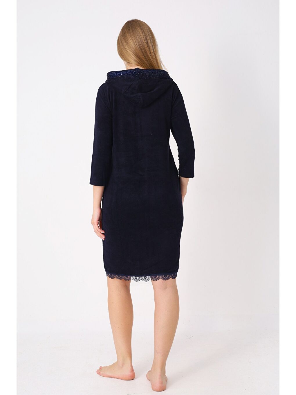 Lacivert Kapüşonlu Fermuarlı Cepli Taşlı Truvakar Kollu Pamuklu Havlu Elbise-4