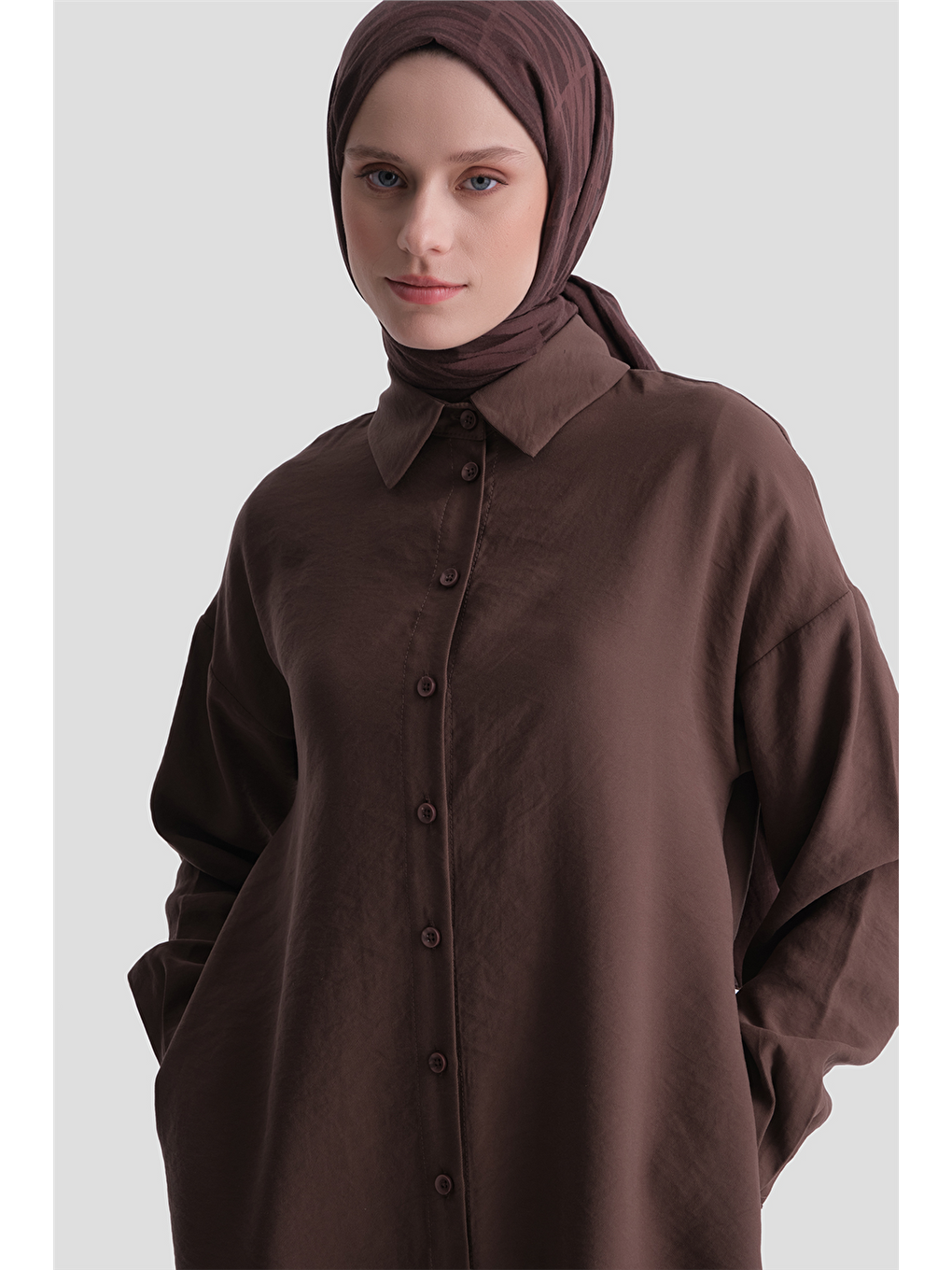 Arkası Nakışlı Tunik Elbise Kahverengi-2