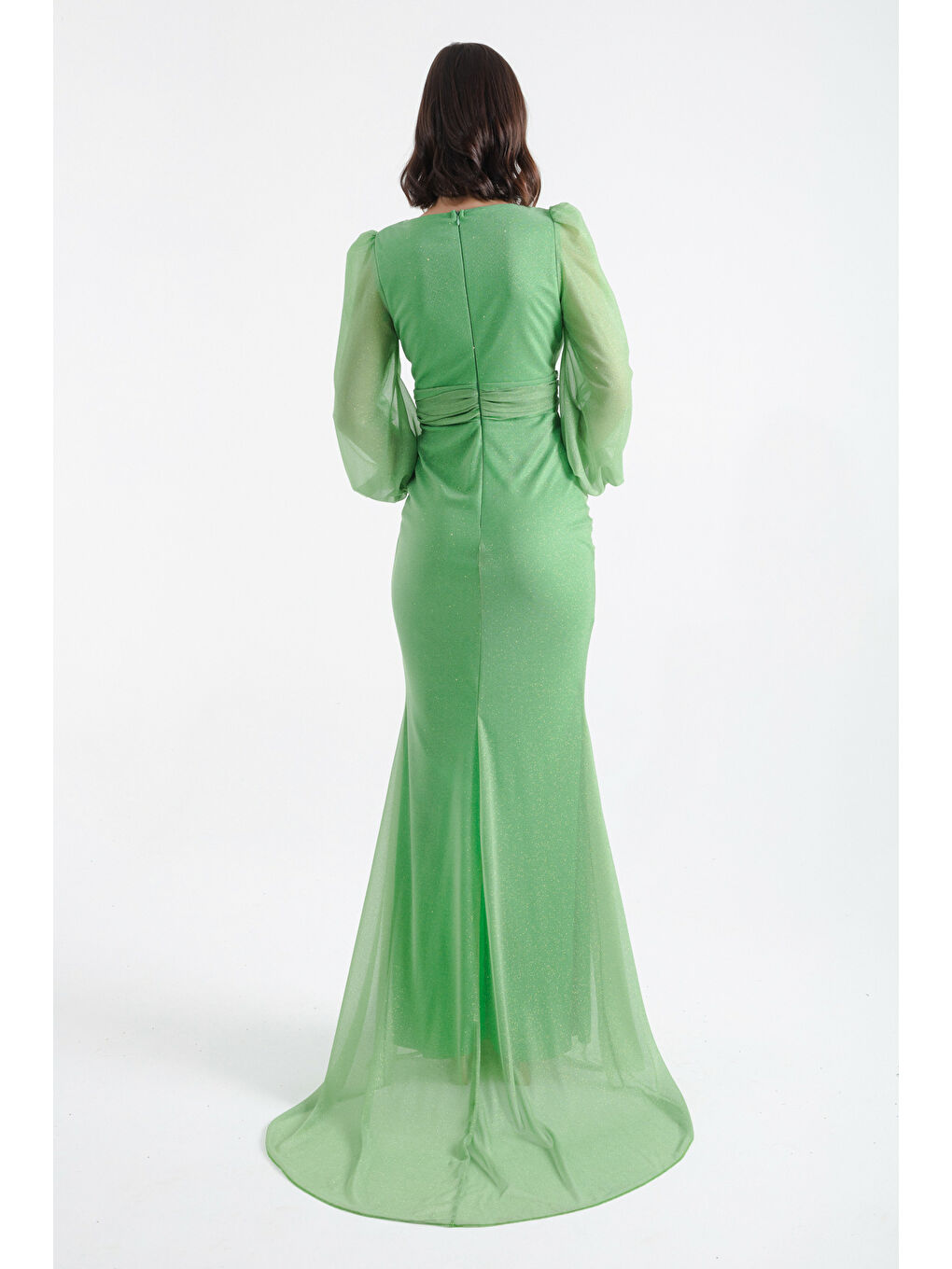 Kadın Yeşil Kruvaze Yaka Simli Uzun Abiye Elbise-4