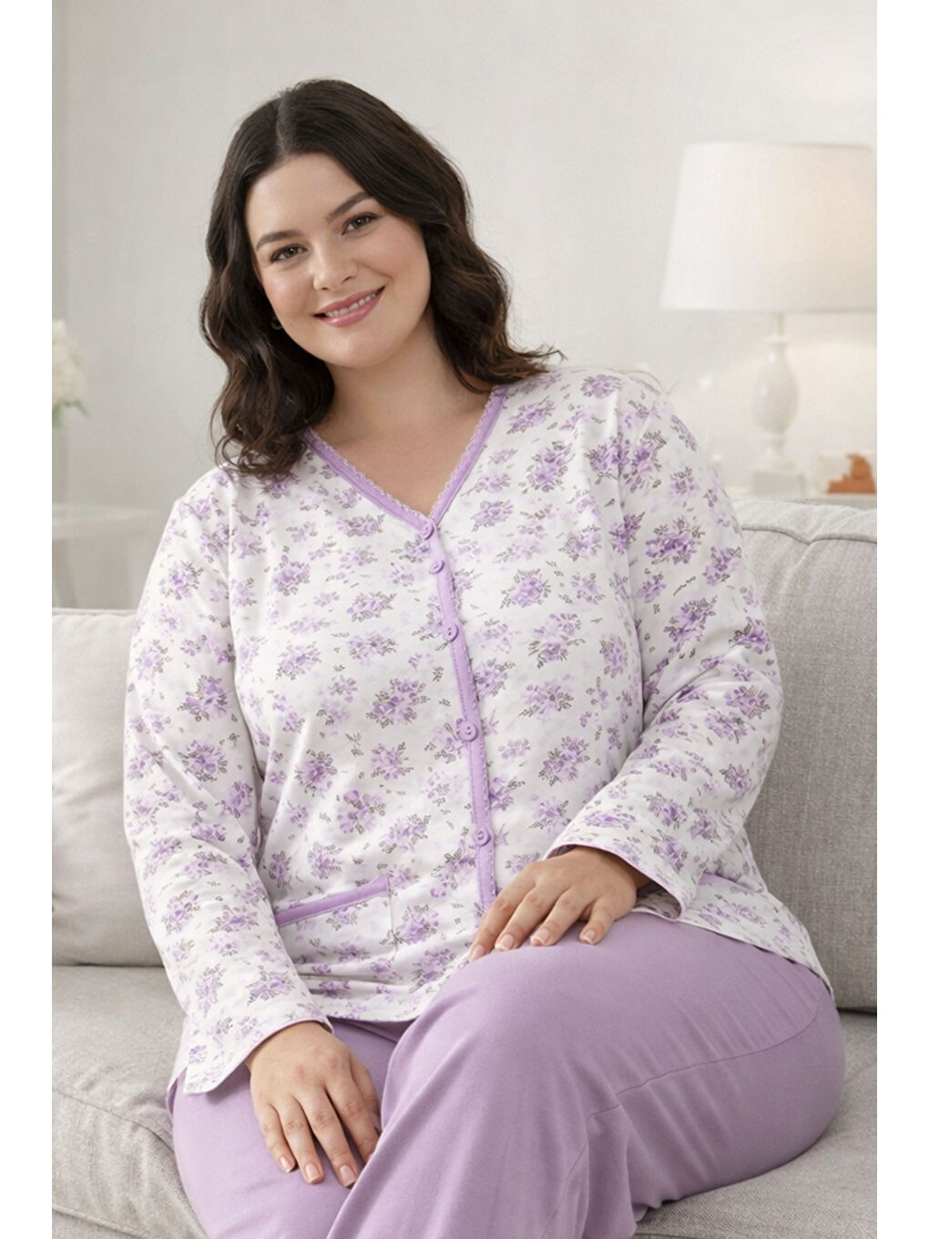 Büyük Beden Önü Düğmeli Kadın Uzun Kol Kroşetalı Pamuklu Pijama Takımı 250678 Beyaz02-1