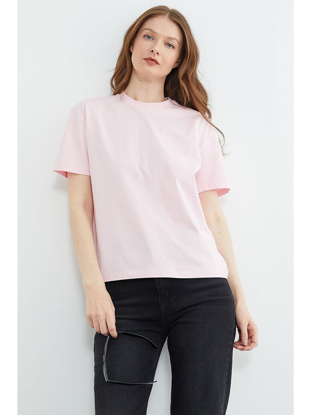 Pembe Basic Bisiklet Yaka Oversize Tişört-4