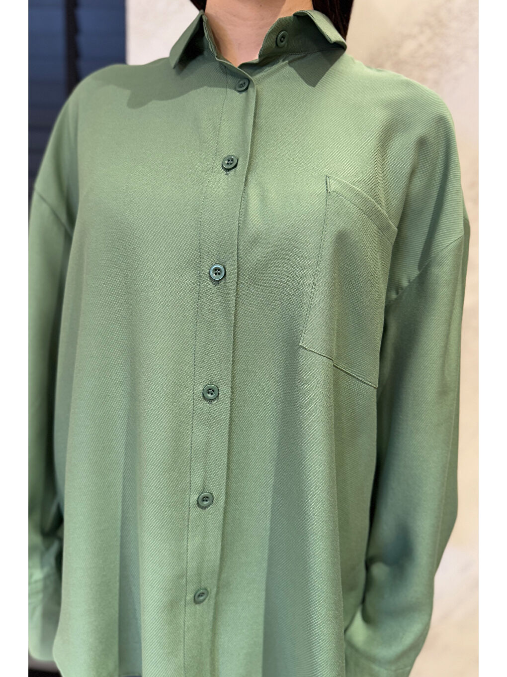 Yeşil Kadın Tek Cepli Salaş Gömlek-3