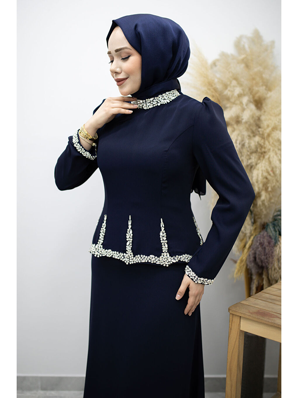 Taş İşlemeli Peplum Abiye TSD260195 Lacivert-1