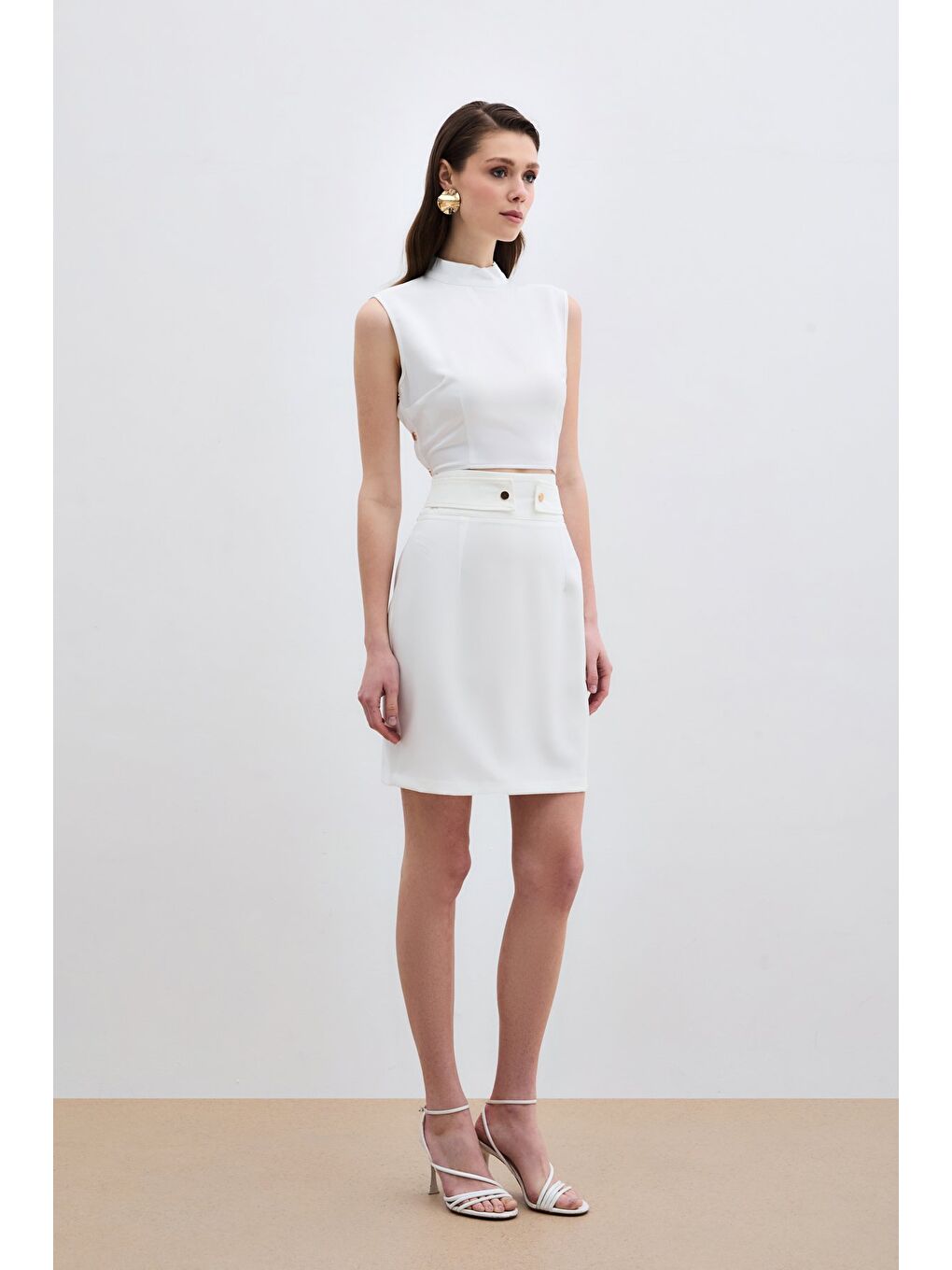 Çıt Aksesuarlı Mini Etek - Ekru-1