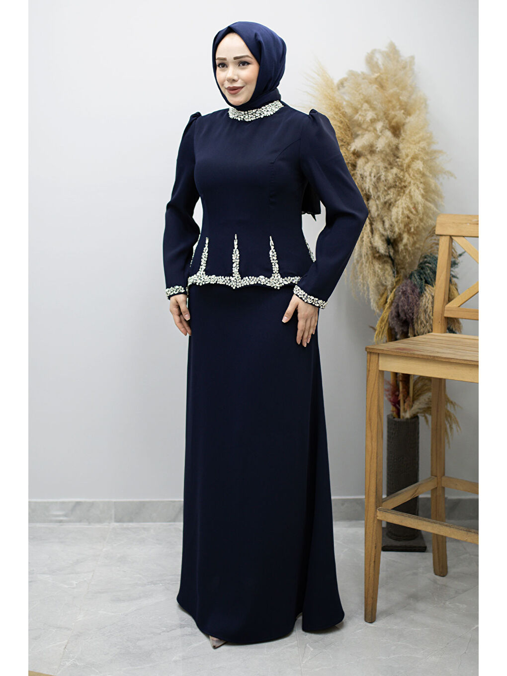 Taş İşlemeli Peplum Abiye TSD260195 Lacivert-2