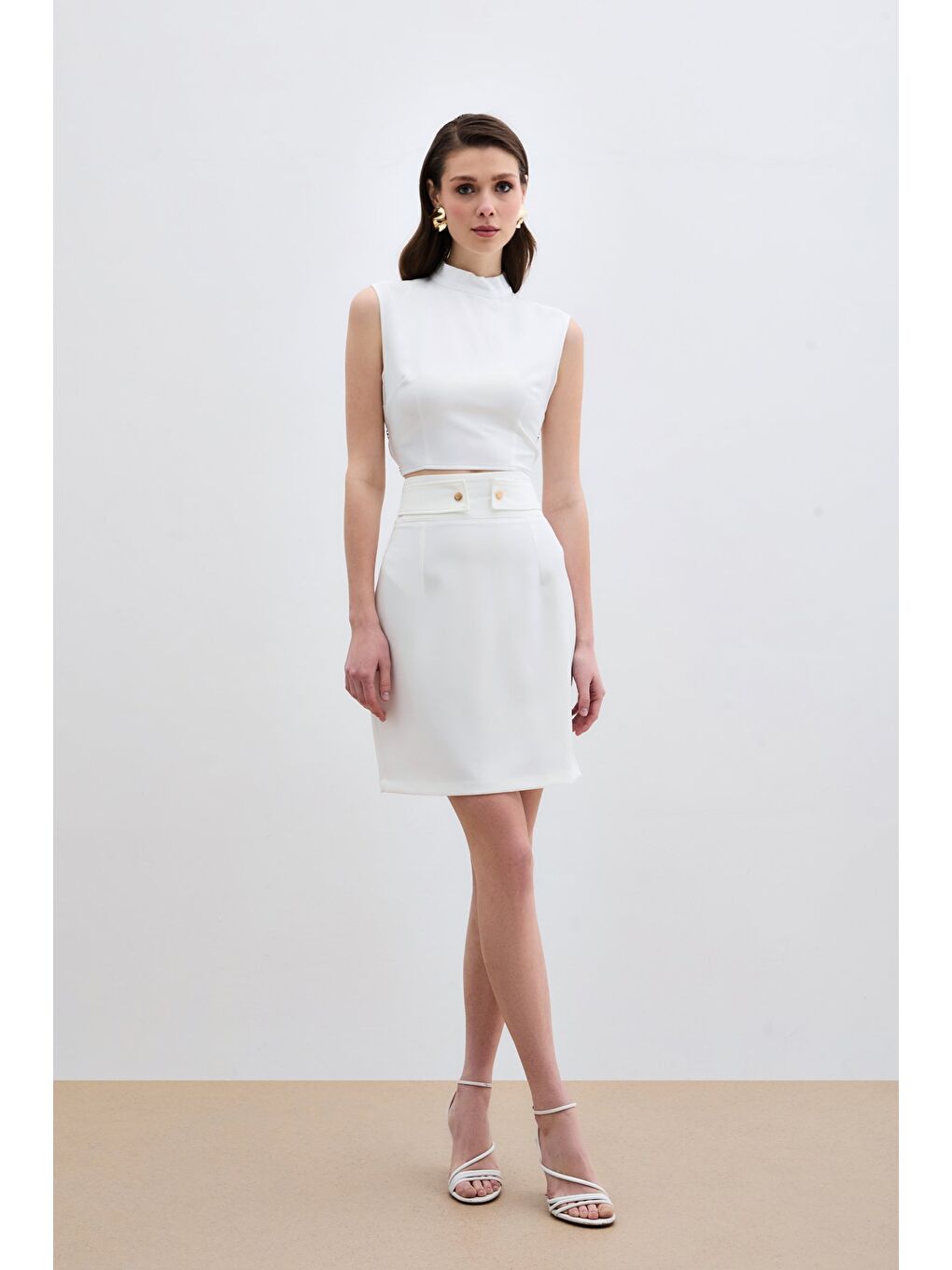 Çıt Aksesuarlı Mini Etek - Ekru-2
