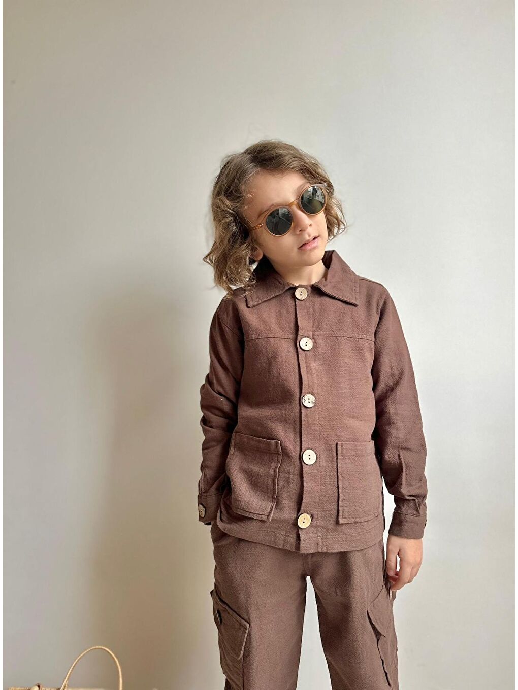 Kahverengi Erkek Çocuk Yıkamalı Keten Gömlek Pantolon Takım-1