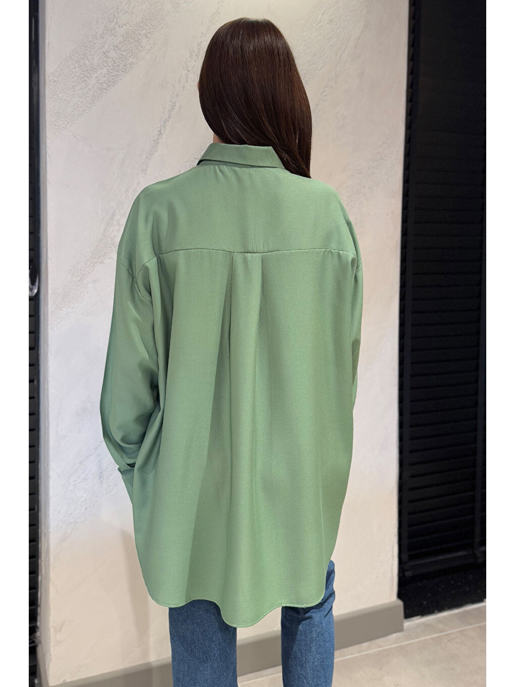 Yeşil Kadın Tek Cepli Salaş Gömlek-4