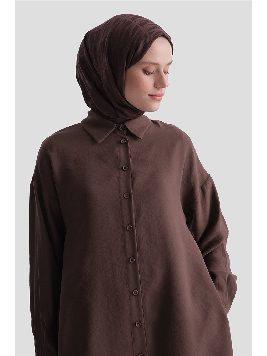 Arkası Nakışlı Tunik Elbise Kahverengi-3