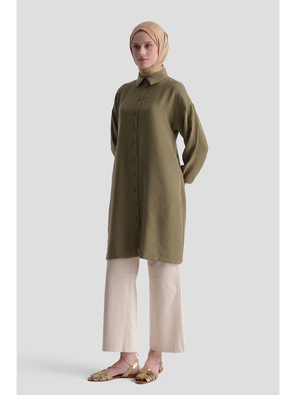 Arkası Nakışlı Tunik Elbise Haki-1
