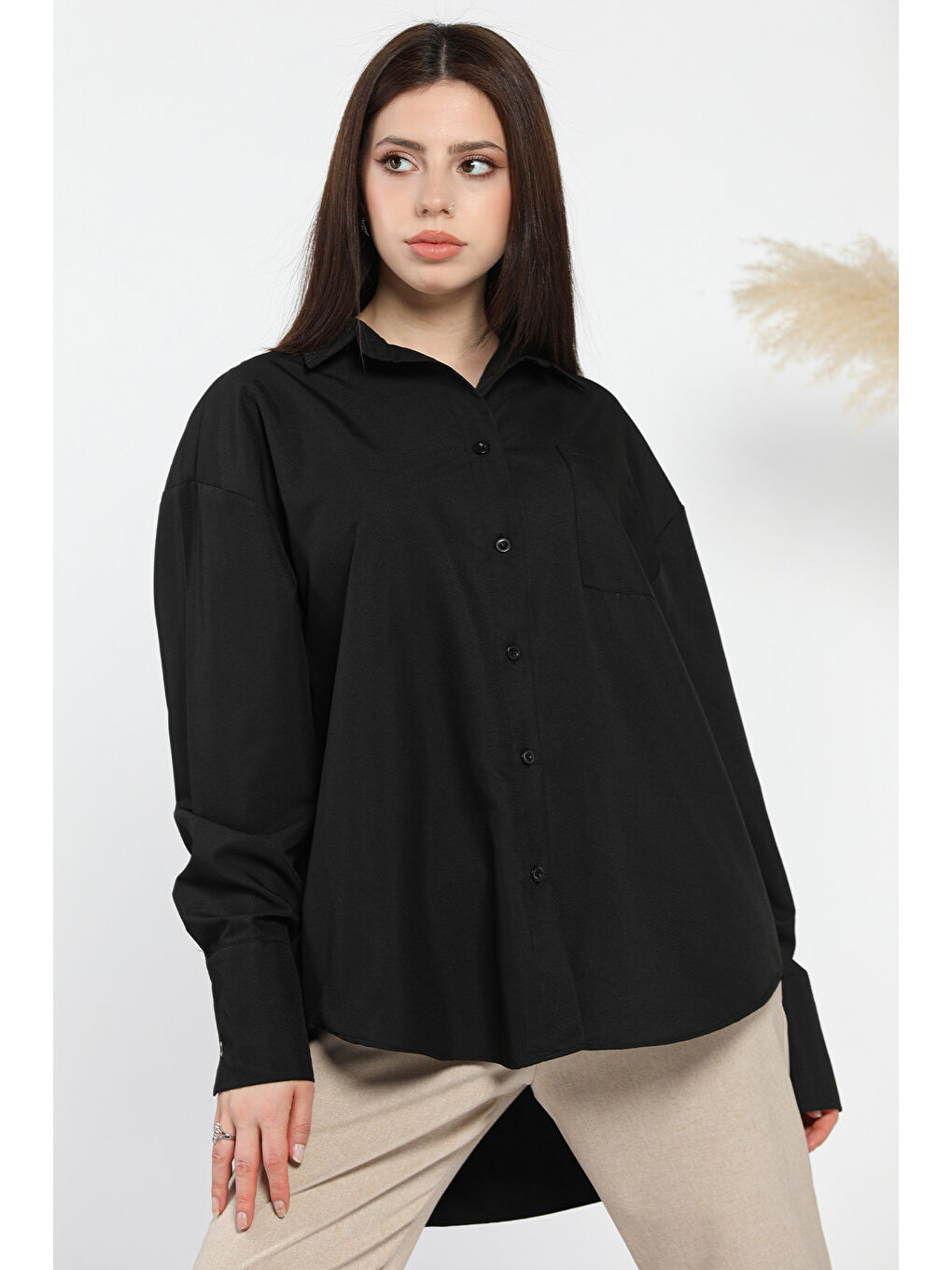 Siyah Kadın Tek Cepli Salaş Gömlek-2
