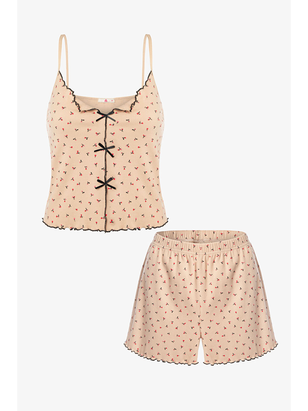 Ekru Kadın İnce Askılı Fiyonklu Pamuklu Şortlu Pijama Takımı