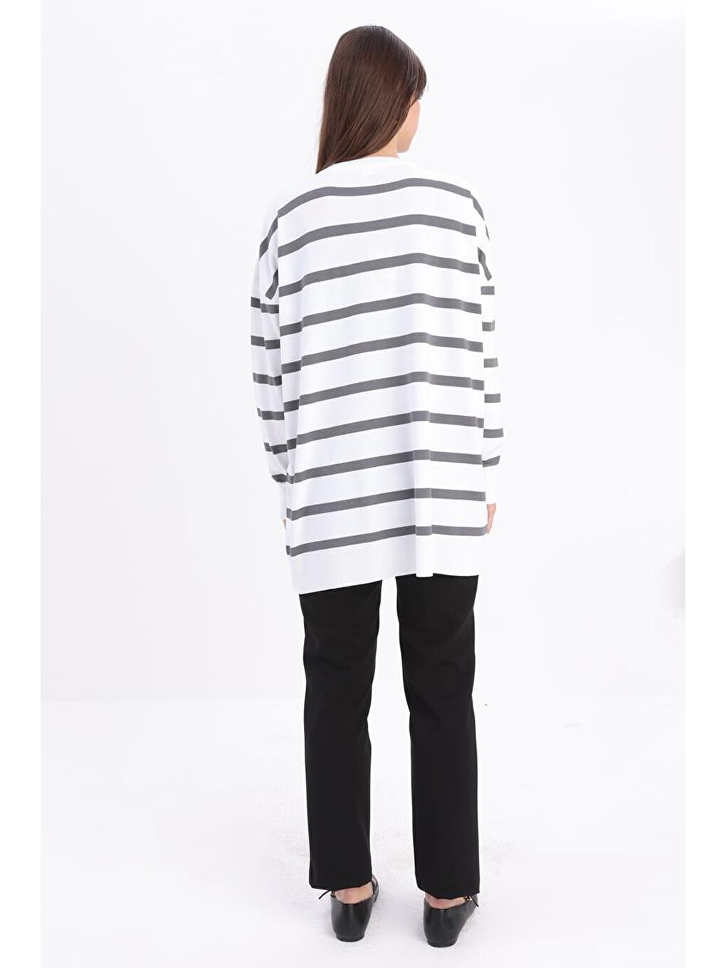 Ekru-Gri-Bisiklet Yaka Çizgili Triko Tunik-3