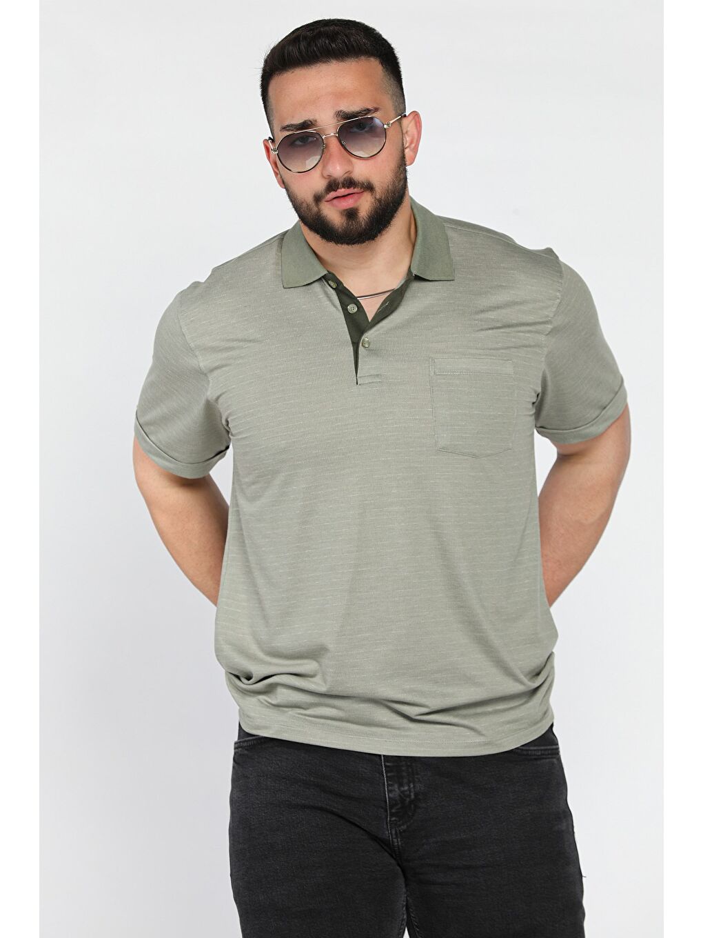 Haki Polo Yaka Yarım Düğmeli Cepli Erkek Tişört